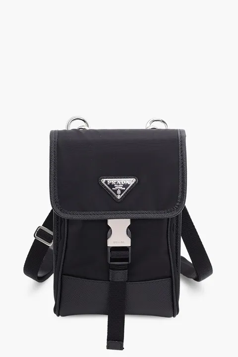 PRADA Triangle Logo Smartphone Case in Black Re-Nylon x Saffiano Leather with Transparant Card Slot