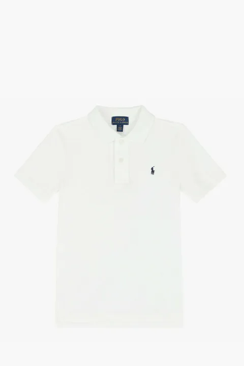POLO RALPH LAUREN Kid Logo Embroidered Polo Shirt in White/Navy Cotton Piquet