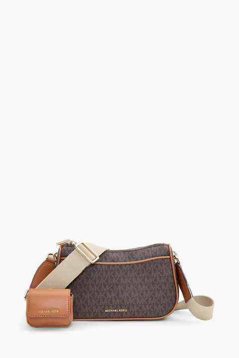 MICHAEL KORS Medium Jet Set Signature Logo Crossbody Bag in Brown/Acorn with Case For Apple Airpods Pro