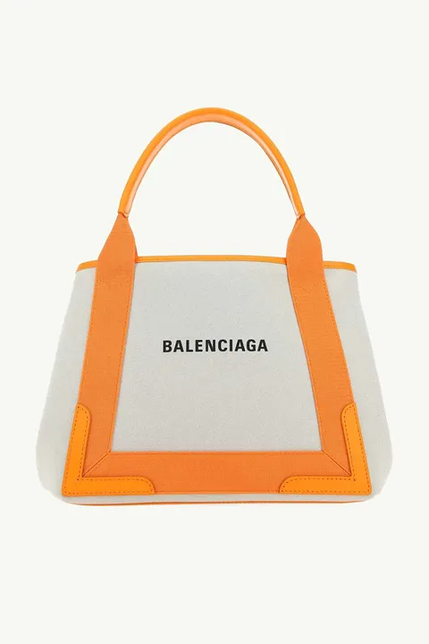 BALENCIAGA Small Navy Cabas Handbag in Natural/Orange Canvas x Calfskin with Logo Printed