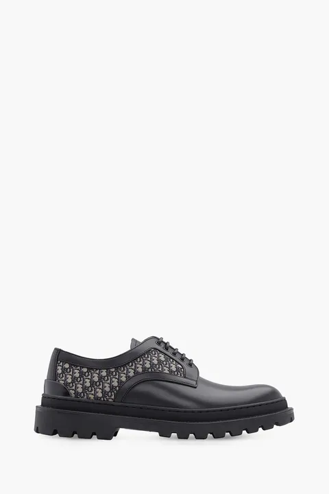CHRISTIAN DIOR Explorer Oblique Derby Shoes in Black/Beige Smooth Calfskin x Jacquard