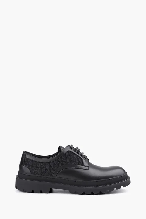 CHRISTIAN DIOR Explorer Oblique Derby Shoes in Black Smooth Calfskin x Jacquard