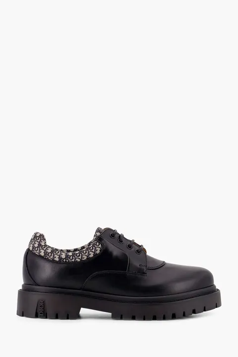 CHRISTIAN DIOR Dior Explorer III Derby Shoe in Black/Beige Smooth Calfskin with DIor Oblique Jacquard