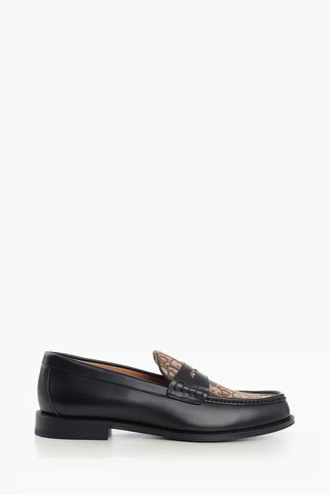 CHRISTIAN DIOR Granville Oblique Jacquard Loafers in Black/Brown Smooth Calfskin Canvas