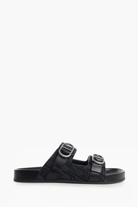 CHRISTIAN DIOR Oblique Jacquard Aqua Sandals in Black Cotton Calfskin Technical Fabric