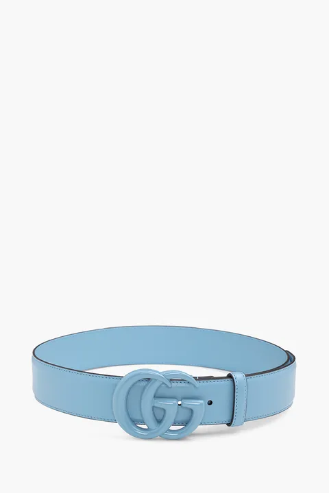 GUCCI GG Marmont Wide Belt 4cm in Pale Blue Leather with Double G Buckle