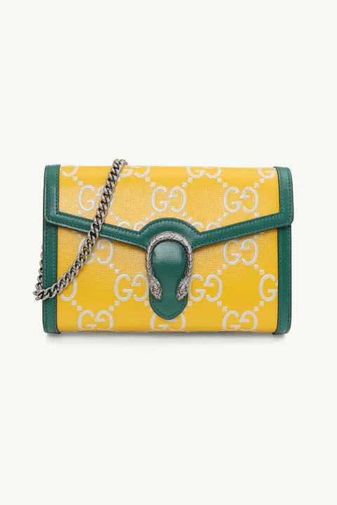GUCCI Mini GG Supreme Dionysus Wallet on Chain in Yellow/Ivory/Emerald Green Smooth Leather