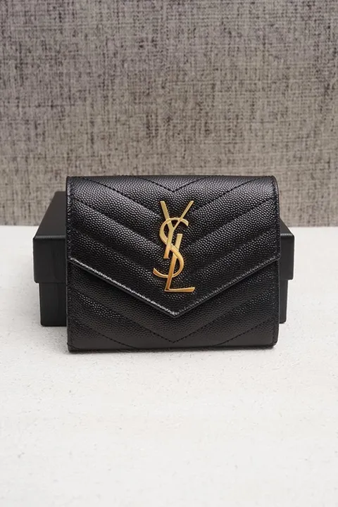 SAINT LAURENT Compact Tri-fold Wallet in Black Caviar Leather GHW