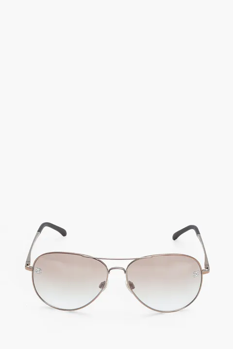 CHANEL Pilot Logo Sunglasses in Clear/Light Brown/Gradient Titanium/Calfskin