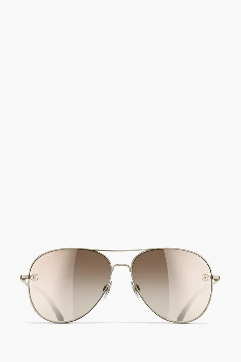 CHANEL Pilot Logo Sunglasses in Gold/Brown/Gradient Titanium/Calfskin