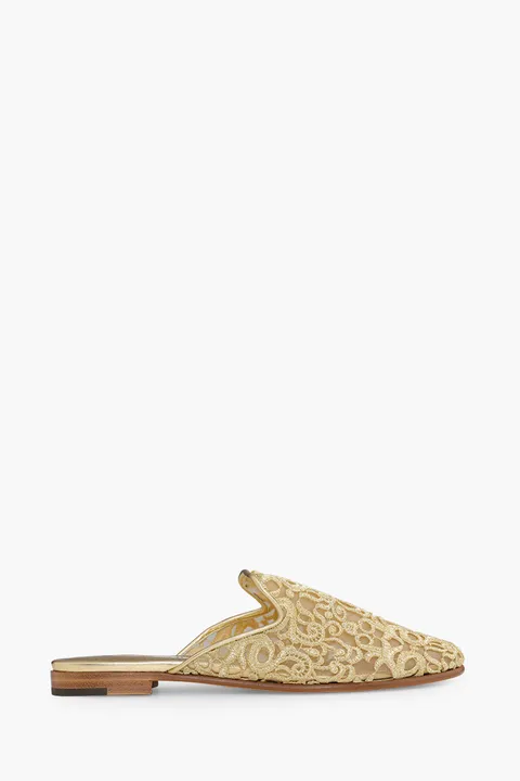 MANOLO BLAHNIK Mariamu 50th Anniversary Flat Mules in Gold Lace Macrame