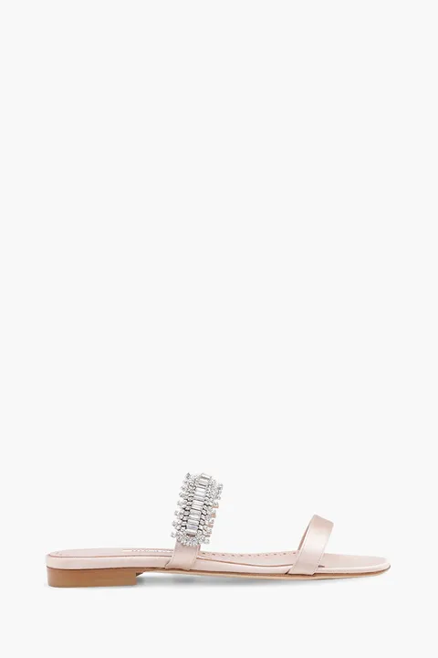 MANOLO BLAHNIK Sakina Flat Sandals in Dark Nude Satin with White Crystal
