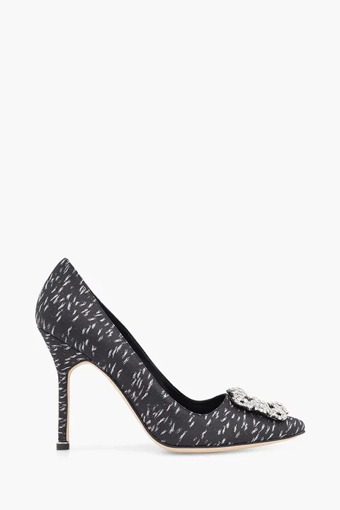 MANOLO BLAHNIK Hangisi Jacquard 10.5cm Pumps in Black/White Satin with White Crystal