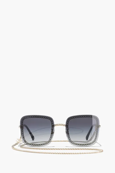 CHANEL Chain Square Sunglasses in Gold/Grey/Gradient Metal with Eyeglasses Chain