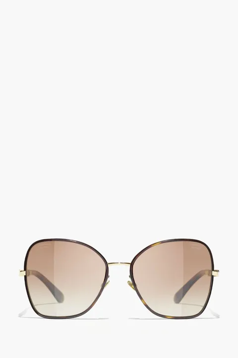 CHANEL Butterfly Sunglasses in Gold/Brown/Gradient Steel with Chanel Logo