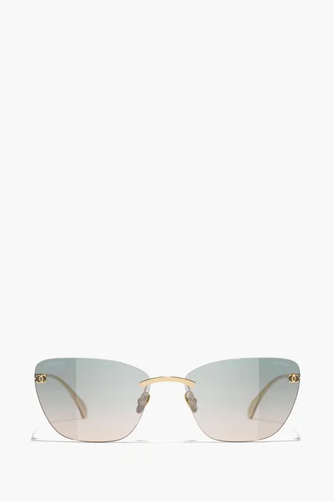 CHANEL Cat Eye Titanium Sunglasses in Light Gold/Green with Logo