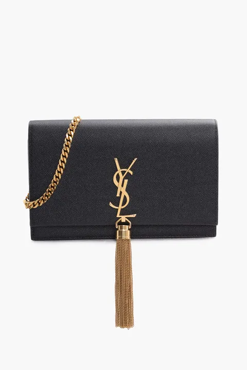 SAINT LAURENT Kate Wallet on Chain in Black Grained GHW with Tassels