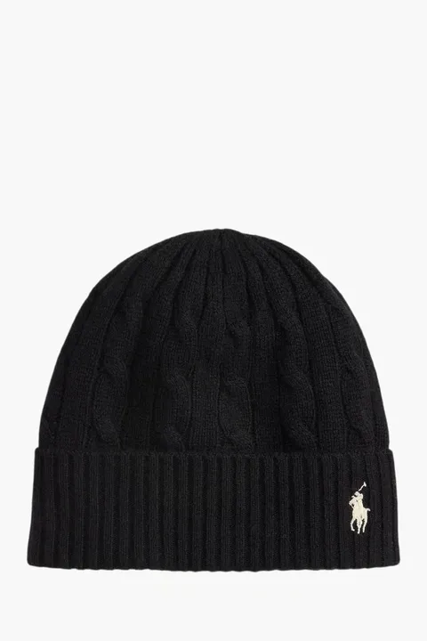 POLO RALPH LAUREN Cable-Knit Beanie Hat in Black Wool-Cashmere