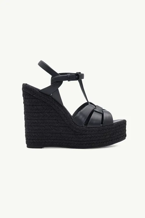 SAINT LAURENT Espadrille 12cm T-Strap Wedge Sandals in Black Calf