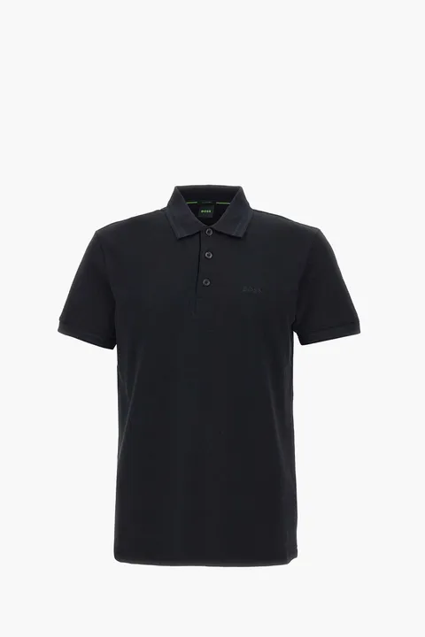 HUGO BOSS Men Paddy Organic-Cotton Regular Fit Polo Shirt in All Black with Contrast Logo Details