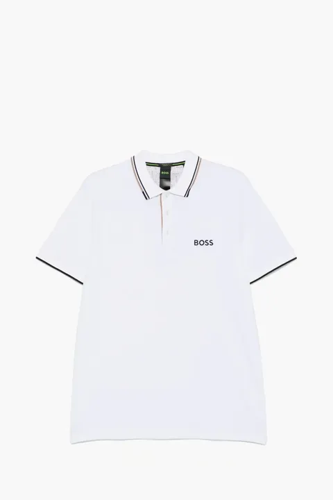 HUGO BOSS Men Contrast Logo Polo Shirt in White/Black/Brown Cotton Blend