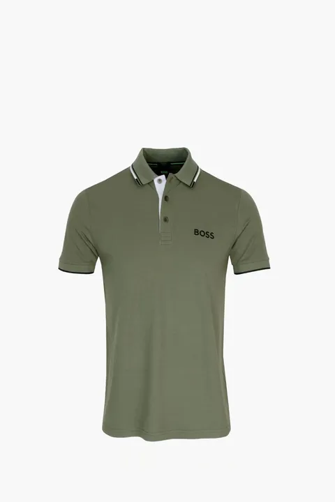 HUGO BOSS Men Contrast Logo Polo Shirt in Olive Green/Black/White Cotton Blend