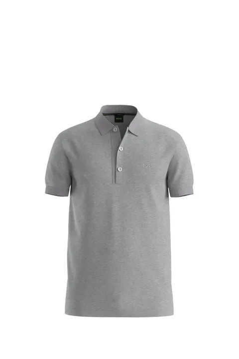 HUGO BOSS Men Paule 4 Stripe Detal Slim Fit Polo Shirt in Light Grey/Black Cotton Pique with Tonal Logo