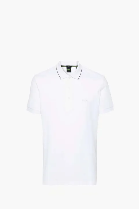 HUGO BOSS Men Paule 4 Stripe Detal Slim Fit Polo Shirt in White/Black Cotton Pique with Tonal Logo