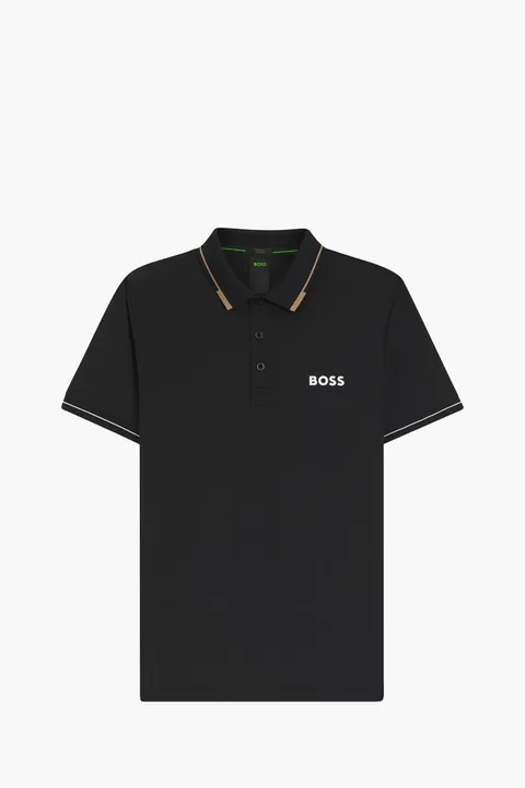 HUGO BOSS Men Paul Pro Slim-Fit Polo Shirt in Black/Brown/White Polyester with Contrast Logo