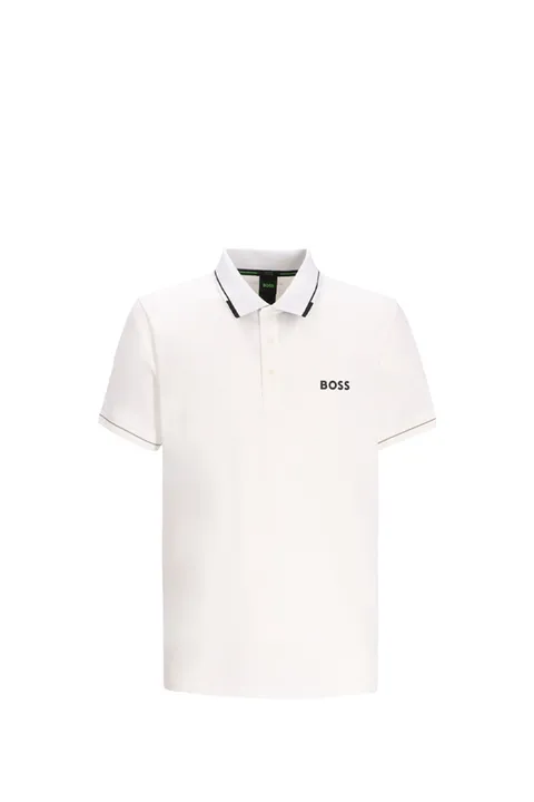 HUGO BOSS Men Paul Pro Slim-Fit Polo Shirt in Natural White/Black Polyester with Contrast Logo