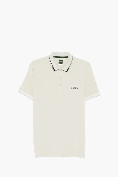 HUGO BOSS Men Paul Pro Slim-Fit Polo Shirt in Light Beige/Black Polyester with Contrast Logo