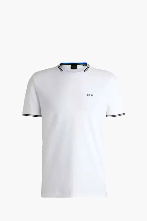HUGO BOSS Men Taul Stretch Cotton T-Shirt in White/Black with Stripes and Logo