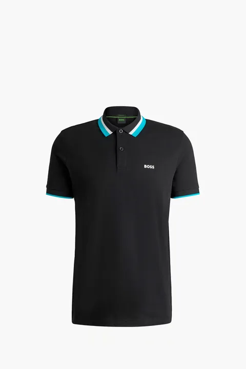 HUGO BOSS Men Paddy Active Regular Fit Polo Shirt in Black Cotton with Contrast Stripes
