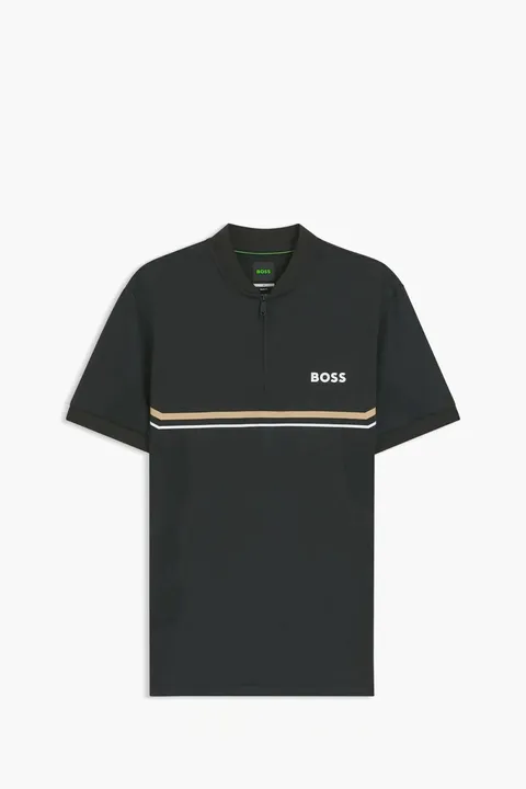 HUGO BOSS Men Toc Quarter Zip Slim Fit Polo Shirt in Black/Beige/White Polyester