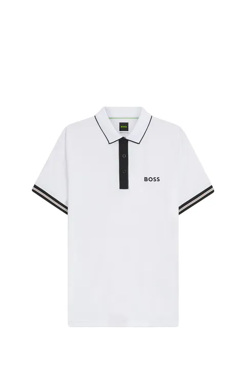 HUGO BOSS Men Active Slim-Fit Polo Shirt in White Polyester with Moisture Management