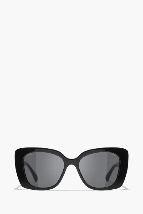 CHANEL Square Sunglasses in Black/Grey Acetate with Rhinestone Logo