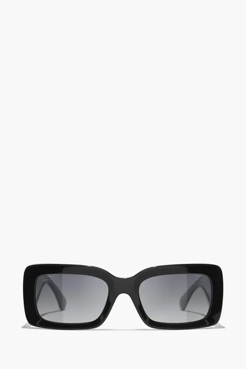 CHANEL Rectangular Sunglasses in Black/Grey/Gold Acetate and Metal