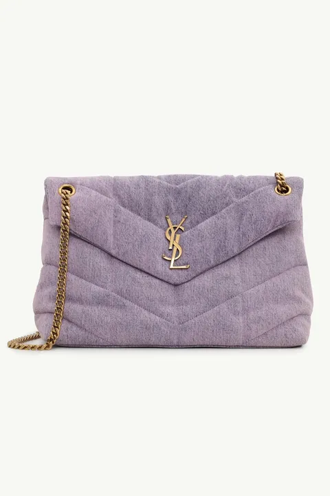 SAINT LAURENT Medium Loulou Puffer Shoulder Bag in Bleached Lilac Denim x Smooth Leather with Bronze Hardware