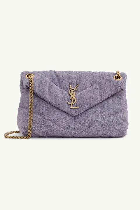 SAINT LAURENT Small Loulou Puffer Shoulder Bag in Bleached Lilac Denim x Smooth Leather with Bronze Hardware