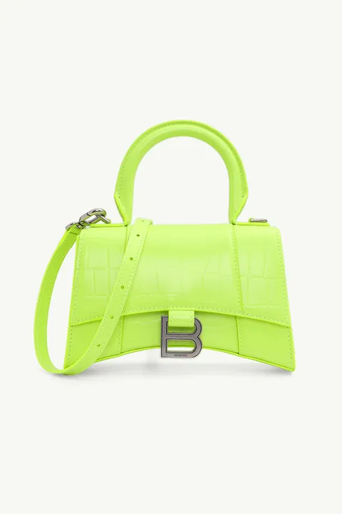 BALENCIAGA XS Hourglass Handbag in Neon Yellow Semi Shiny Crocodile Embossed Calfskin