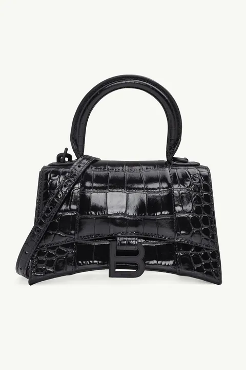 BALENCIAGA Hourglass Top Handle XS in Black Matte Shiny Croco