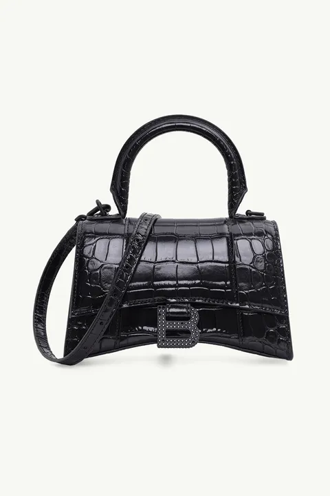 BALENCIAGA Hourglass Top Handle XS in Black Shiny Croco BHW with Rhinestones Logo