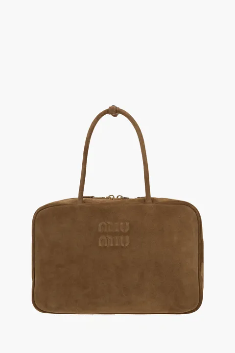 MIU MIU Large Beau Top Handle Handbag in Olive Green Suede