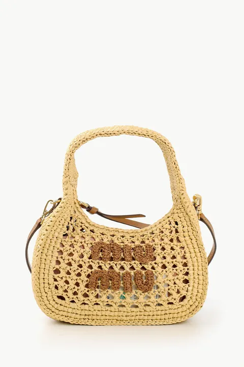 MIU MIU Wander Woven Fabric Hobo Bag in Beige/Cognac Viscose