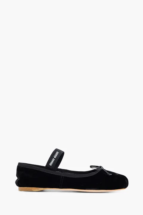 MIU MIU Bow Elastic Band Ballerina in Black Velvet with Logo