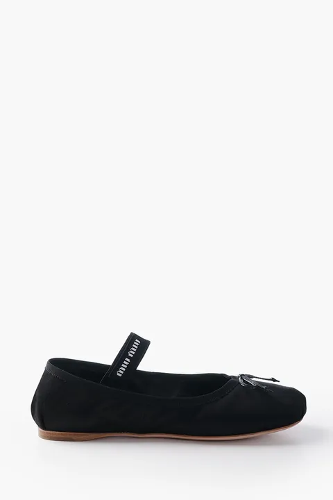 MIU MIU Bow Elastic Band Ballerina in Black Leather with Logo