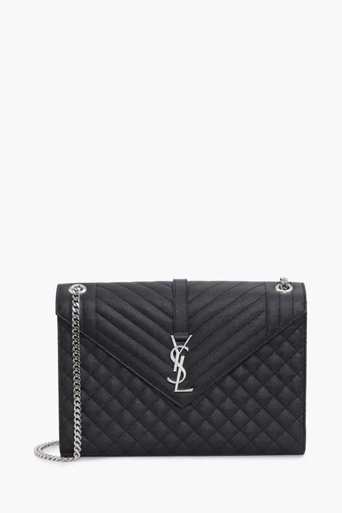 SAINT LAURENT Large Monogramme Envelope Shoulder Bag in Black Caviar Leather SHW