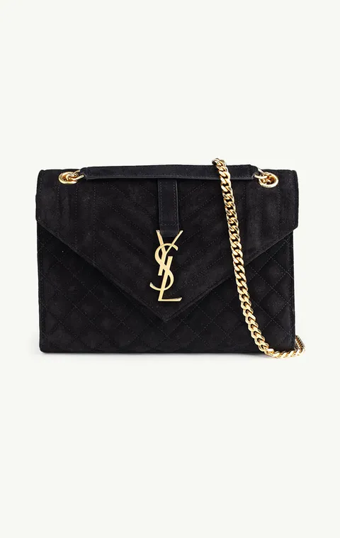 SAINT LAURENT Medium Monogram Envelope Shoulder Bag in Black Suede GHW