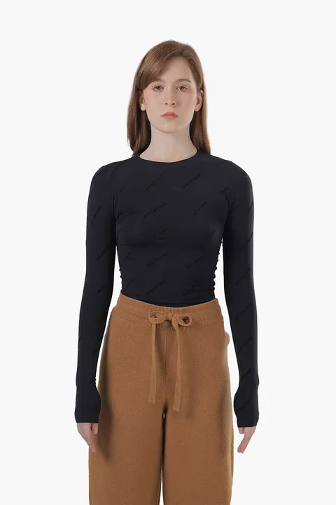 BALENCIAGA Women All Over Logo Flock Top in Black Seamless Technical Fabric