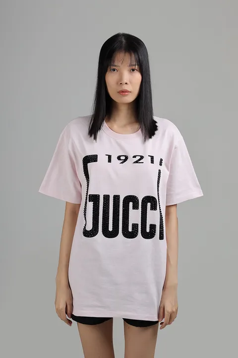 GUCCI Women Crystal 1921 Gucci Oversized T-Shirt in Rose Cotton